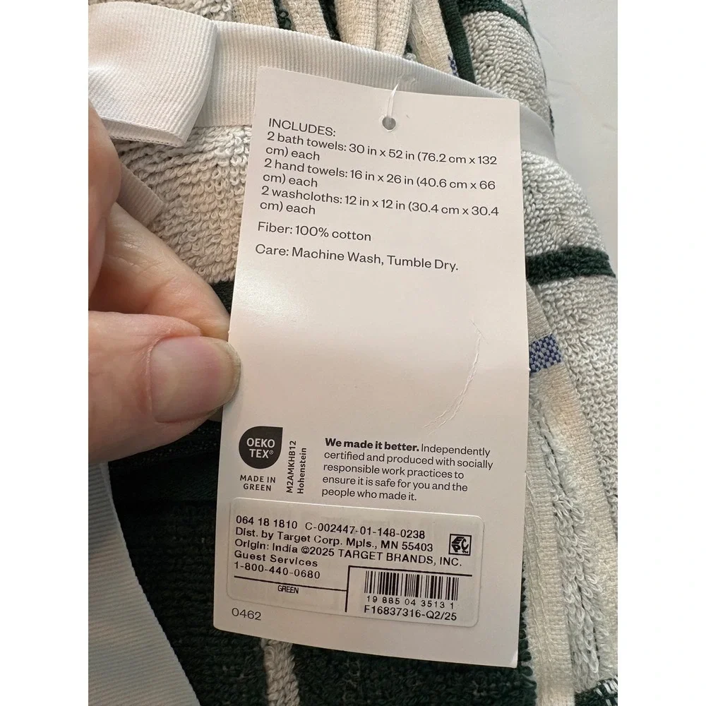 Room‎ Essentials 6 Piece Bath Towel Set Green White Windowpane Plaid 100% Cotton